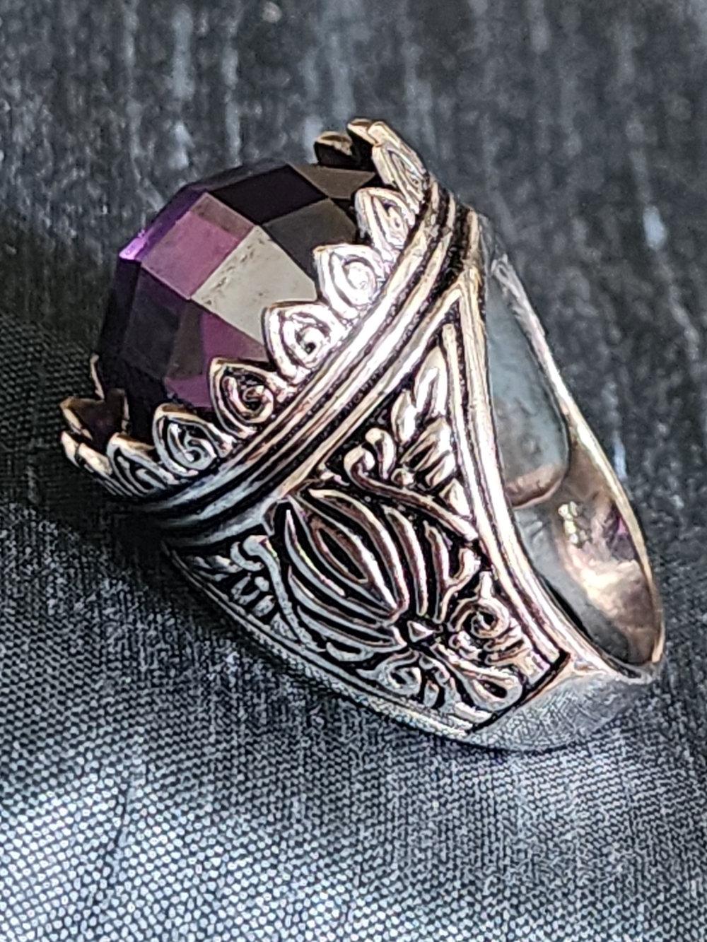 Sterling Silver Crown Statement Ring with Purple Faceted Stone Sz 9 Vintage Look